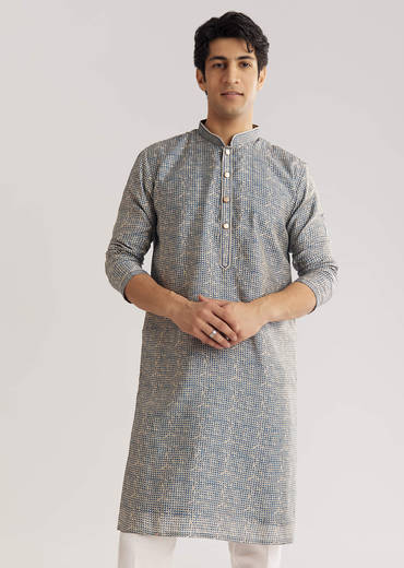 Blue Muslin Kurta Set With Mandarin Collar