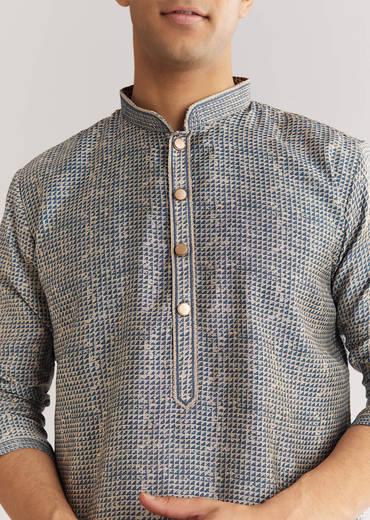 Blue Muslin Kurta Set With Mandarin Collar