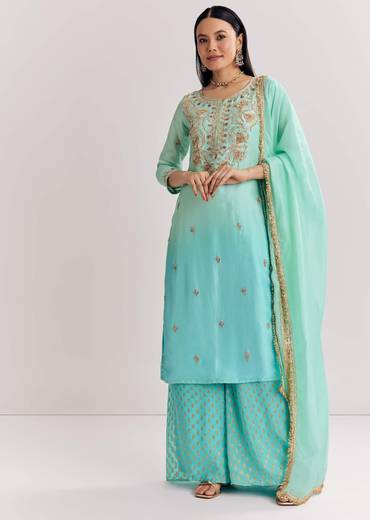 Blue Ombre Kurta Palazzo Suit With Zardosi And Sequins Work