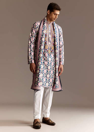 Blue Printed Kurta Dupatta Set With Mirror Work