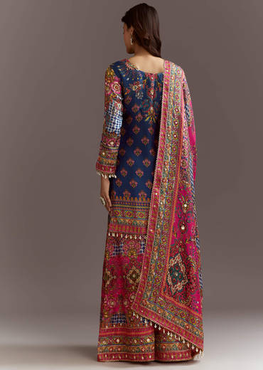 Blue Printed Kurta Palazzo Set With Gotta Lace And Sequins Work