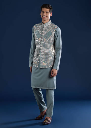 Blue Rayon Jacket Kurta Set with Gotta Patti