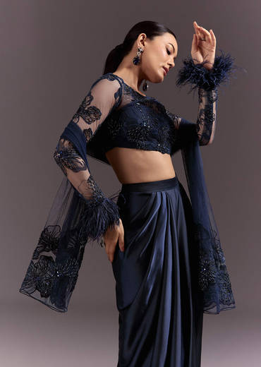 Blue Ready To Wear Saree With Full Sleeve Net Blouse