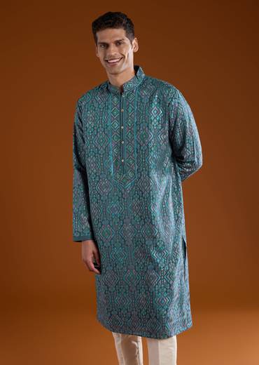 Blue Resham Motif Mens Kurta Pant Set in Silk