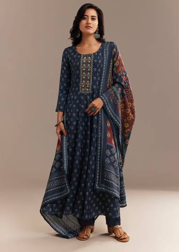 Blue Roman Silk Printed Anarkali Set