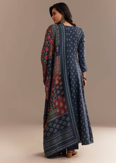 Blue Roman Silk Printed Anarkali Set