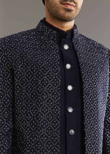 Blue Salli And Diamond Embellished Indo Western Set In Suiting Fabric