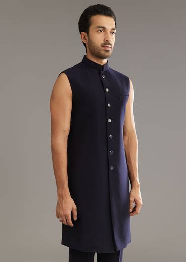 Blue Salli And Diamond Embellished Indo Western Set In Suiting Fabric