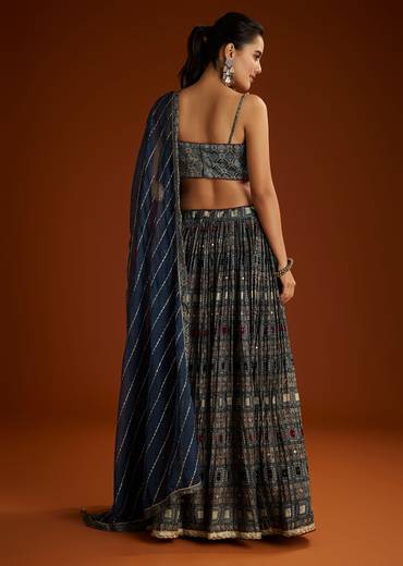 Blue Satin Ajrakh Printed Lehenga Choli With Dupatta