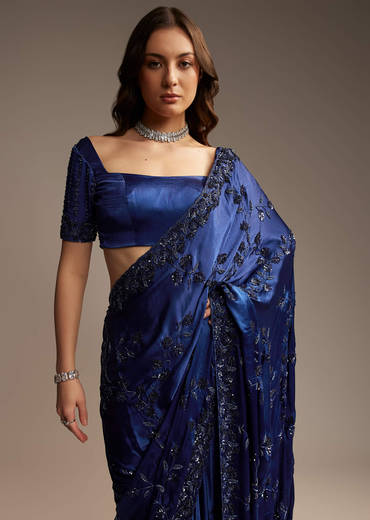 Blue Satin Chinon Saree with Heavy Jaal Embroidery