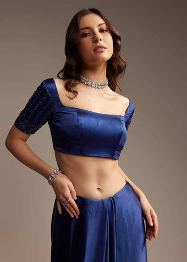 Blue Satin Chinon Saree with Heavy Jaal Embroidery