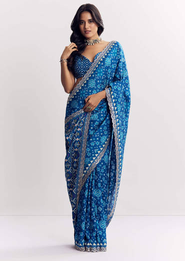 Blue Satin Ikat Printed Saree With Gota And Mirror Embroidery