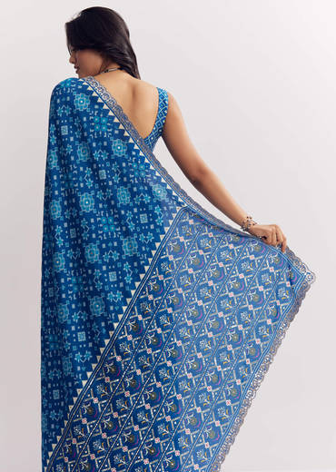 Blue Satin Ikat Printed Saree With Gota And Mirror Embroidery