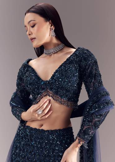 Blue Sequin Embellished Bridal Lehenga Set