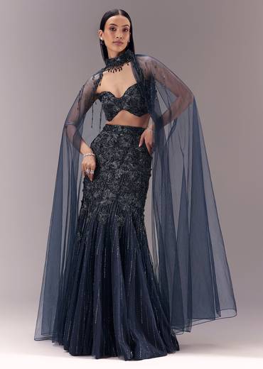 Blue Sequin Embellished Lehenga Set