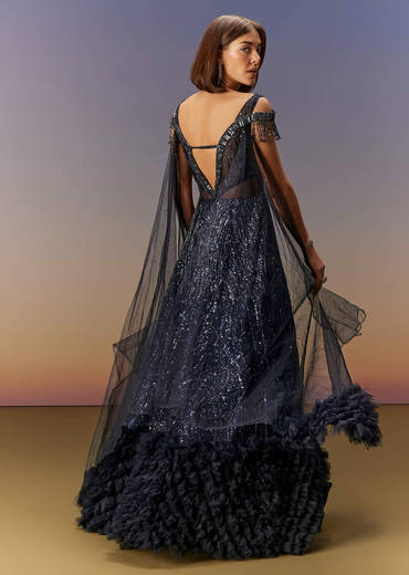 Blue Sequin Embroidered Gown With Tassel Detailing