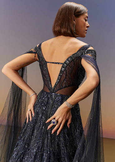 Blue Sequin Embroidered Gown With Tassel Detailing