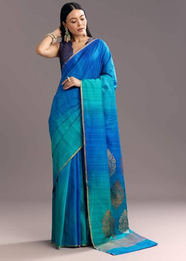 Blue Shaded Kora Silk Handloom Saree With Woven Traditional Motif