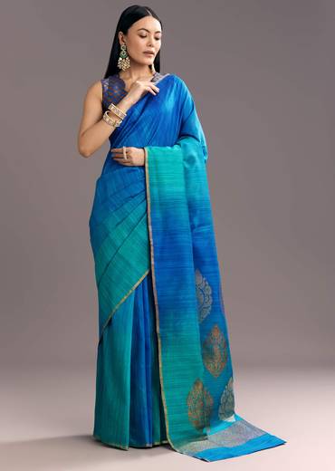 Blue Shaded Kora Silk Handloom Saree With Woven Traditional Motif