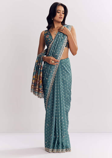 Blue Shaded Muslin Printed Saree With Mirror Gota Zari And Sequins