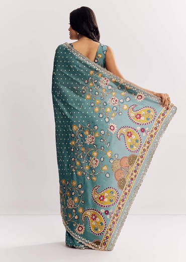 Blue Shaded Muslin Printed Saree With Mirror Gota Zari And Sequins