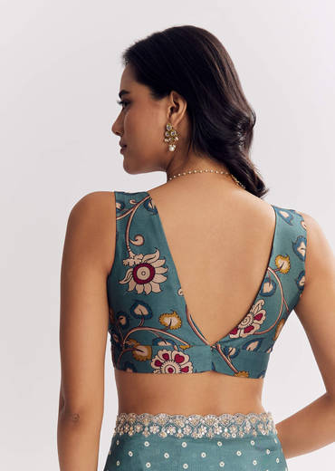 Blue Shaded Muslin Printed Saree With Mirror Gota Zari And Sequins