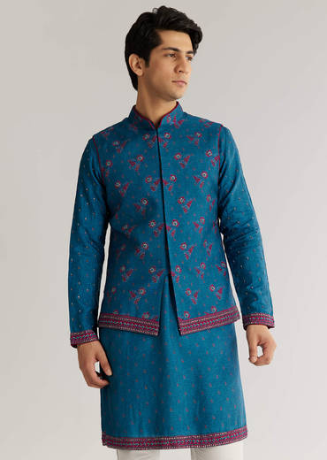 Blue Silk Cutdana Embroidered Kurta Jacket Set