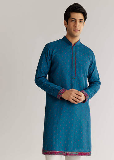Blue Silk Cutdana Embroidered Kurta Jacket Set