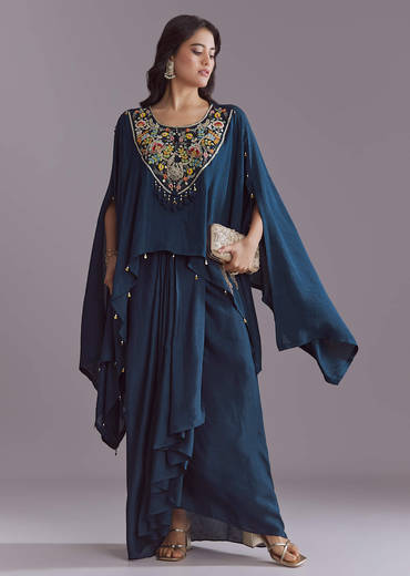Blue Silk Kaftan Top And Drape Skirt Set With Embroidery