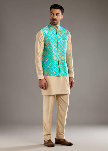 Blue Silk Kurta Jacket Set For Men With Hand Dyed Bandhani Print