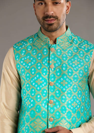 Blue Silk Kurta Jacket Set For Men With Hand Dyed Bandhani Print