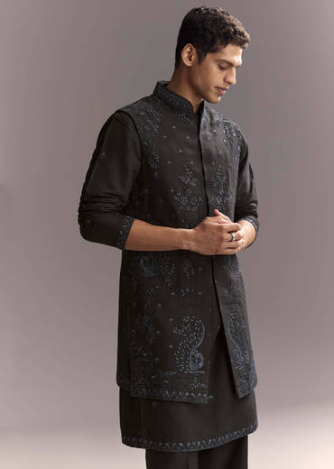 Blue Silk Kurta Jacket Set For Men With Resham Work