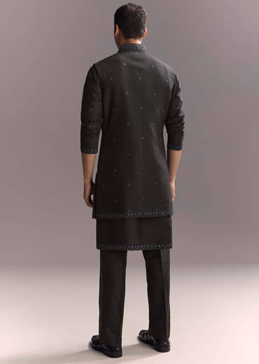 Blue Silk Kurta Jacket Set For Men With Resham Work