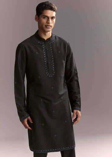 Blue Silk Kurta Jacket Set For Men With Resham Work