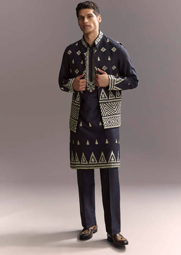 Blue Silk Kurta Jacket Set For Men With Sequins And Zari Embroidery