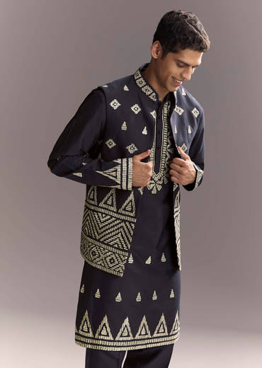 Blue Silk Kurta Jacket Set For Men With Sequins And Zari Embroidery