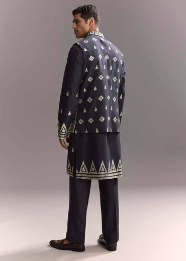 Blue Silk Kurta Jacket Set For Men With Sequins And Zari Embroidery