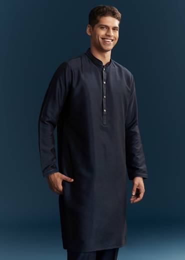 Blue Silk Kurta Jacket Set With Thread Mirror And Sequin Bead Work