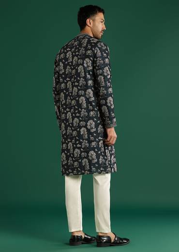 Blue Silk Kurta Set For Men With Animal Motif Thread Work