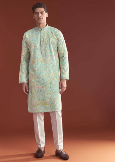 Blue Silk Kurta Set For Men With Ethnic Thread Work