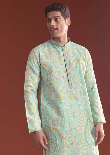 Blue Silk Kurta Set For Men With Ethnic Thread Work
