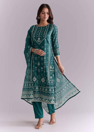 Blue Silk Kurta Set With Indie Print