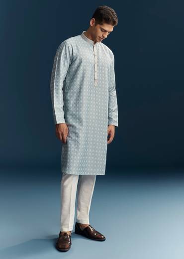 Blue Silk Kurta Set With Thread Detail Work