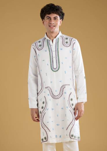 Blue Silk Kurta Set With Thread Detail Work