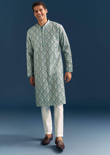 Teal Blue Silk Printed Kurta Set For Men With Thread Work