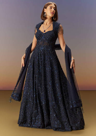 Blue Sleeveless Gown With Dupatta