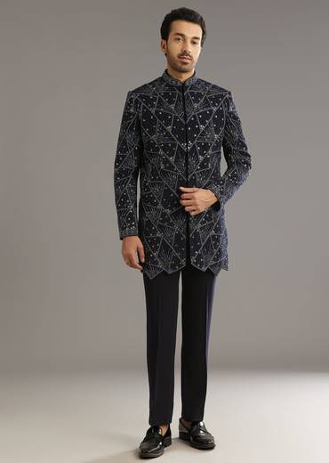 Blue Suiting Indo Western Set With Beaded Work