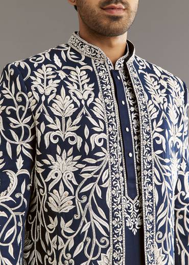 Blue Suiting Indo Western Set With Floral Embroidery