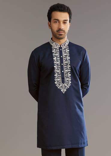 Blue Suiting Indo Western Set With Floral Embroidery