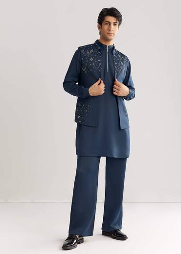 Blue Suiting Jacket Kurta Set With Metal Work